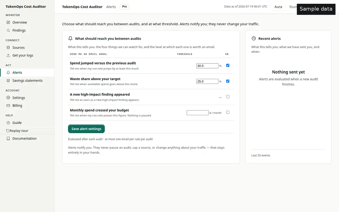 Alert settings: four watchable conditions with thresholds — sample data